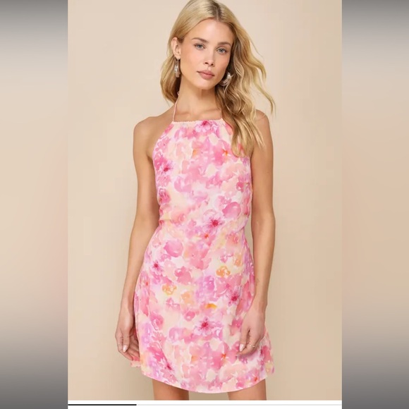 Lulus Mini Floral Halter Dress in Pink and Yellow NWOT Size XL - Picture 2 of 8